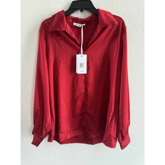 GRACE KARIN Satin Blouse Wide Lapel V Neck Long Sleeve NWT red XL classic office - Picture 6 of 12